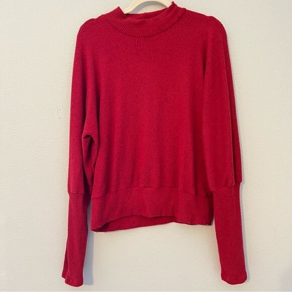 Michael Stars Red Ribbed Knit Balloon Sleeve Mock Stretchy Soft Sweater Medium - Picture 1 of 7